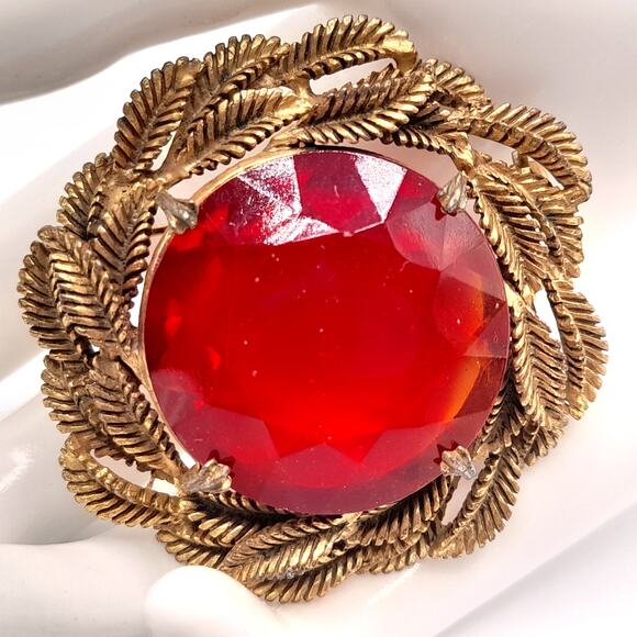 Vintage Red Glass Brooch Gold Leaf Frame Prong Set 1950s Statement